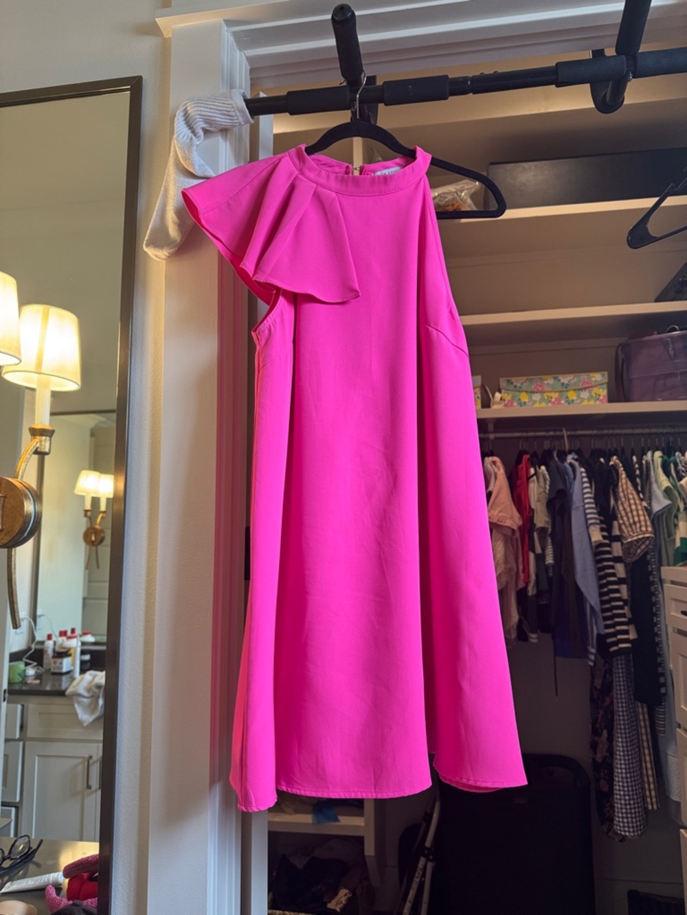 One-Shoulder Bright Pink Ruffle Swing Dress